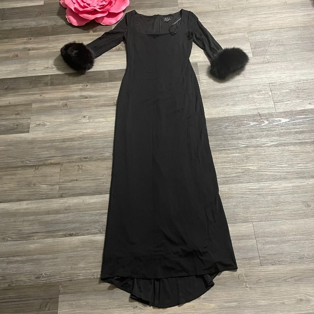 David Meister Sz 6‎ Black Stretch Faux Fur Cuff Long Gown Floor Length Vamp